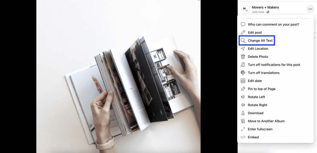 Facebook post menu with 'Change Alt Text' option highlighted in blue, next to an image of a person flipping through a magazine.