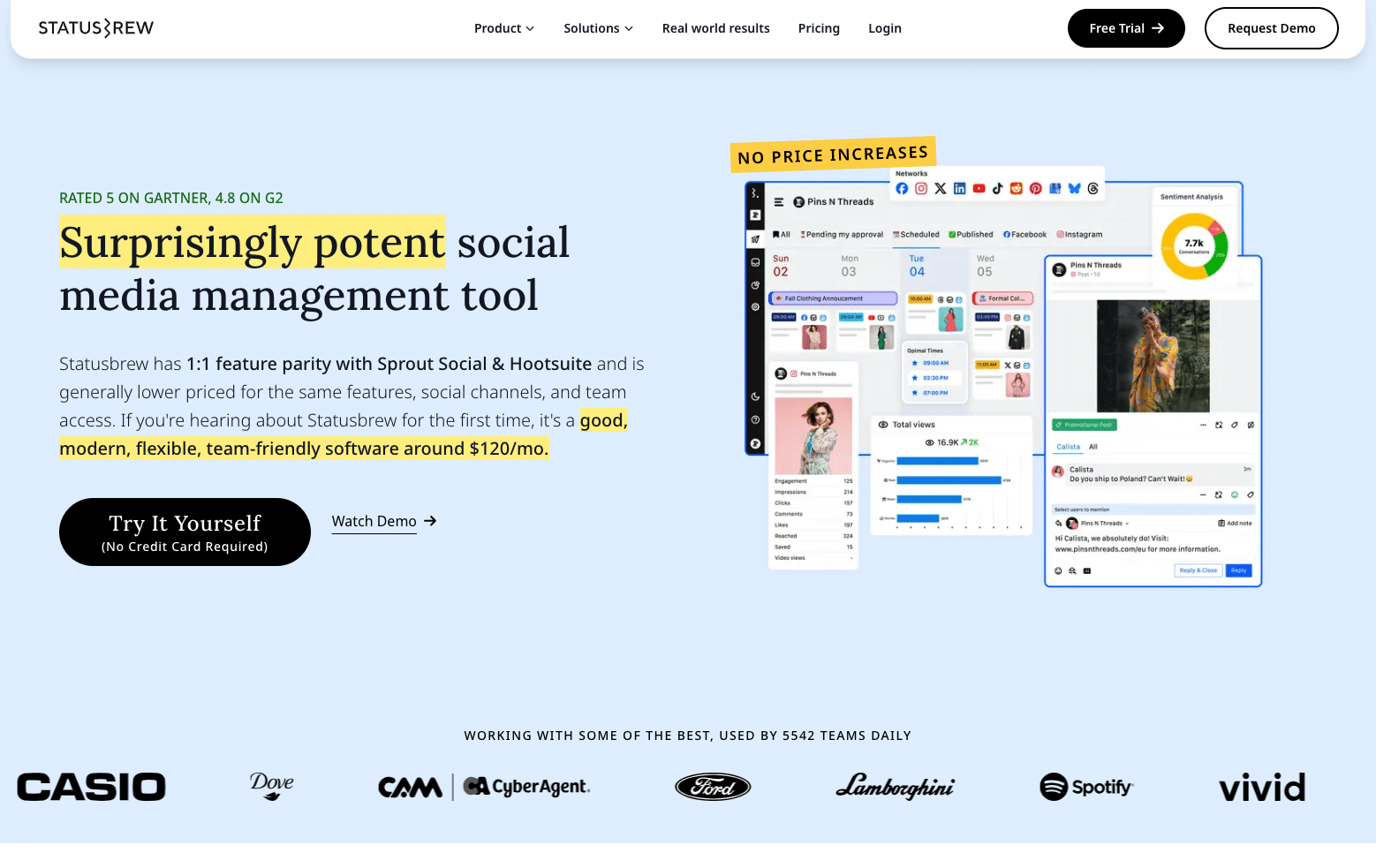 Homepage of Statusbrew with a clean design, navigation menu, and a call-to-action button.