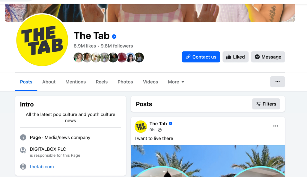 The Tab’s official Facebook page, showing a yellow logo with black text, 8.9M likes, 9.8M followers, a brief intro about pop and youth culture news, and a recent post saying 'I want to live there.