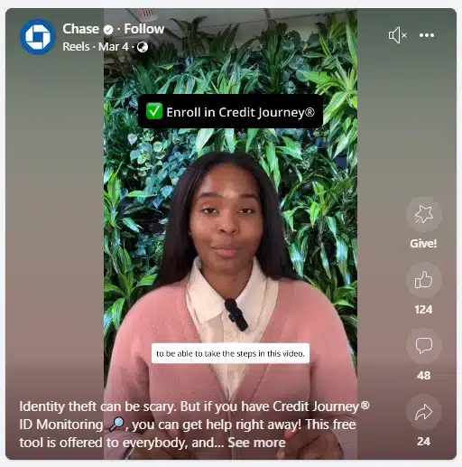 A young woman in a pink sweater and white shirt speaks to the camera with a lush green wall behind her. A green checkmark and “Enroll in Credit Journey®” appear at the top, promoting Chase’s free identity monitoring tool.