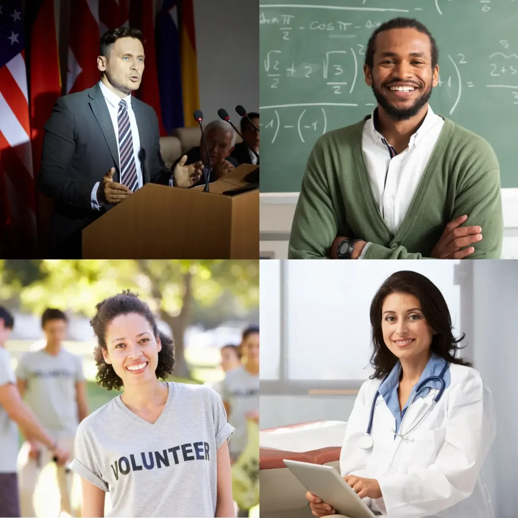 A collage of four images showing a public speaker, a teacher, a volunteer, and a medical professional.