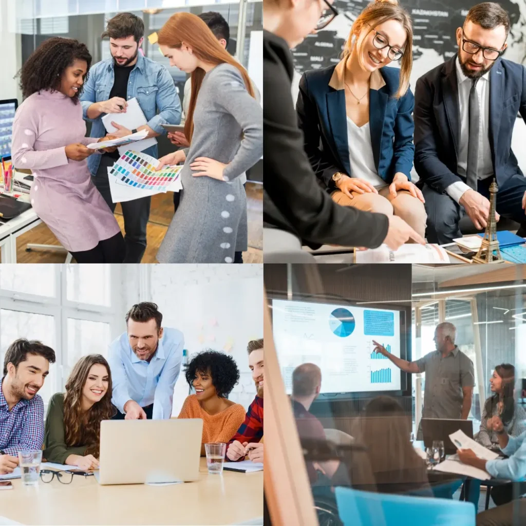 A collage of four images showing groups of people working in agencies. The top left image shows people standing around a table with charts and documents. The top right image depicts individuals sitting and reviewing papers. The bottom left image features people sitting at a table with laptops and notebooks, engaged in discussion. The bottom right image shows individuals standing near a screen displaying graphs and charts, while others are seated and listening.