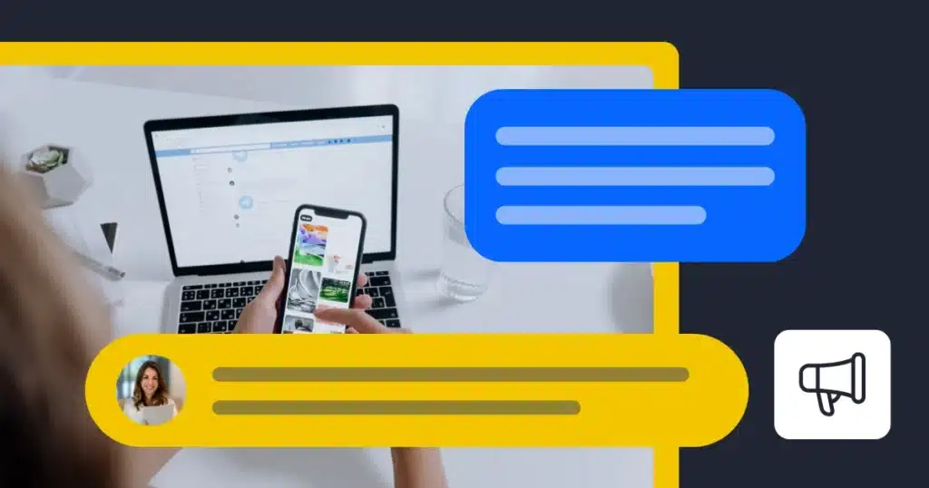 Person browsing Facebook on a smartphone while working on a laptop, with social media comment bubbles and a profile interaction overlay illustrating digital marketing or social media engagement.