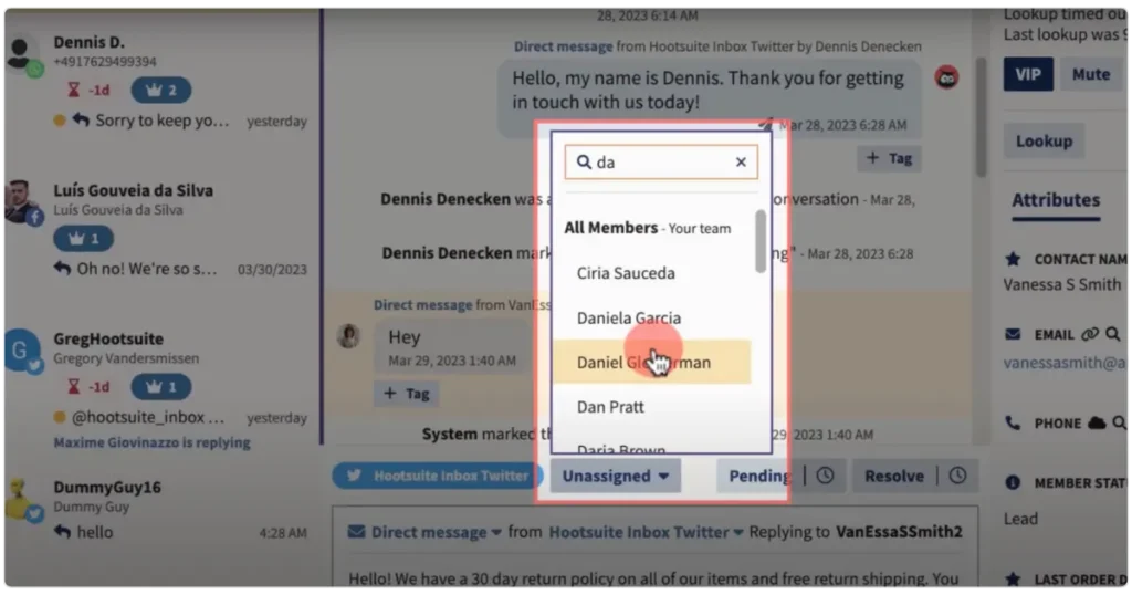 Hootsuite assigning team members to messages