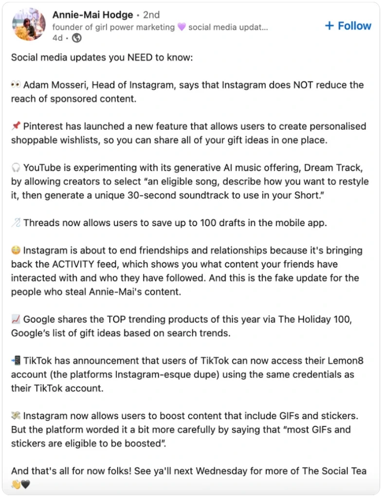 long LinkedIn post with emojis