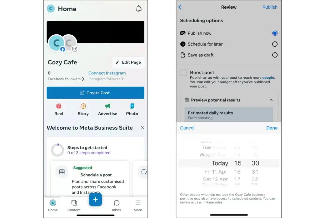 Steps to schedule Facebook post to Business page on Meta Business Suite mobile app