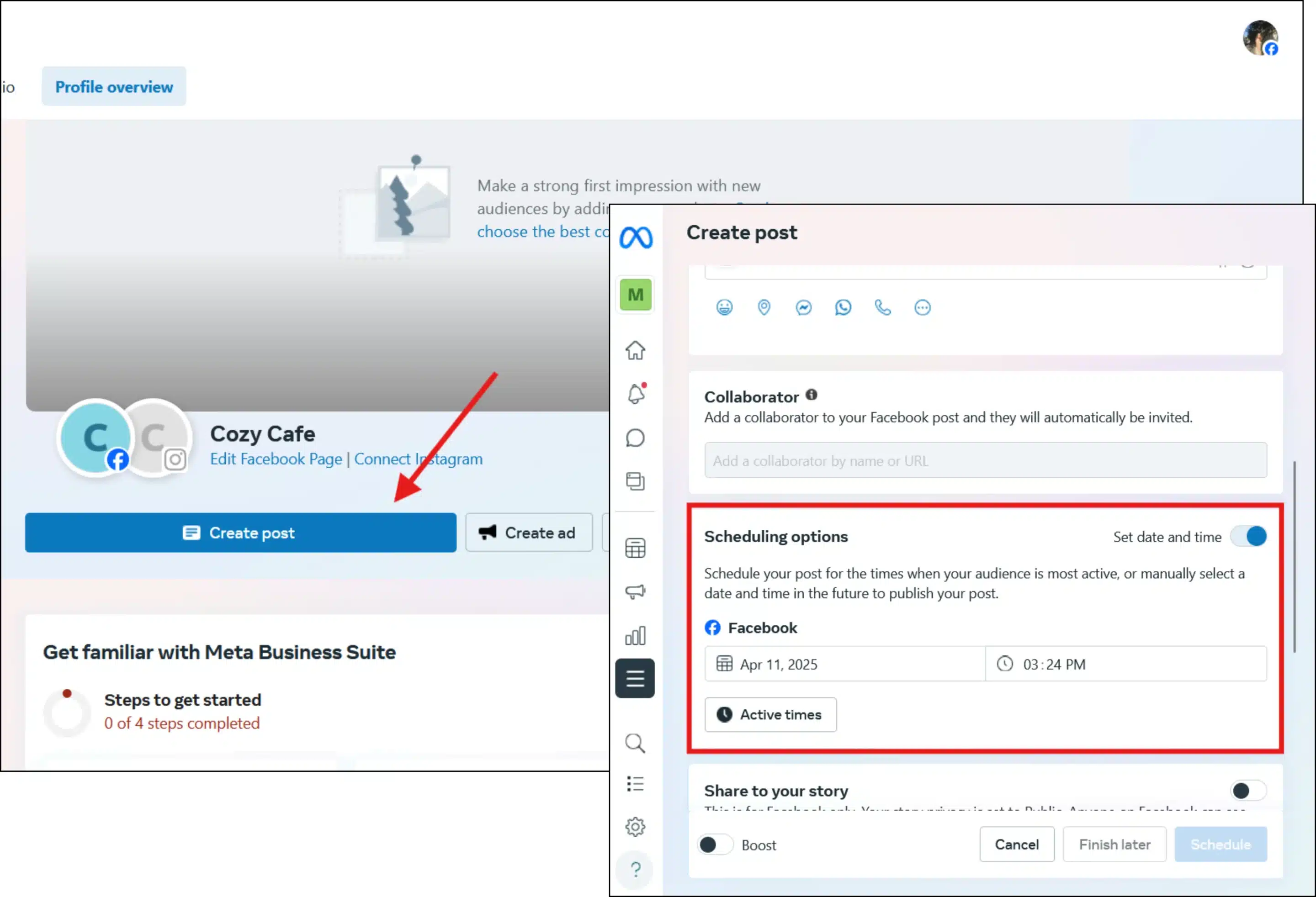 Steps to schedule a Facebook post using Meta Business Suite on desktop