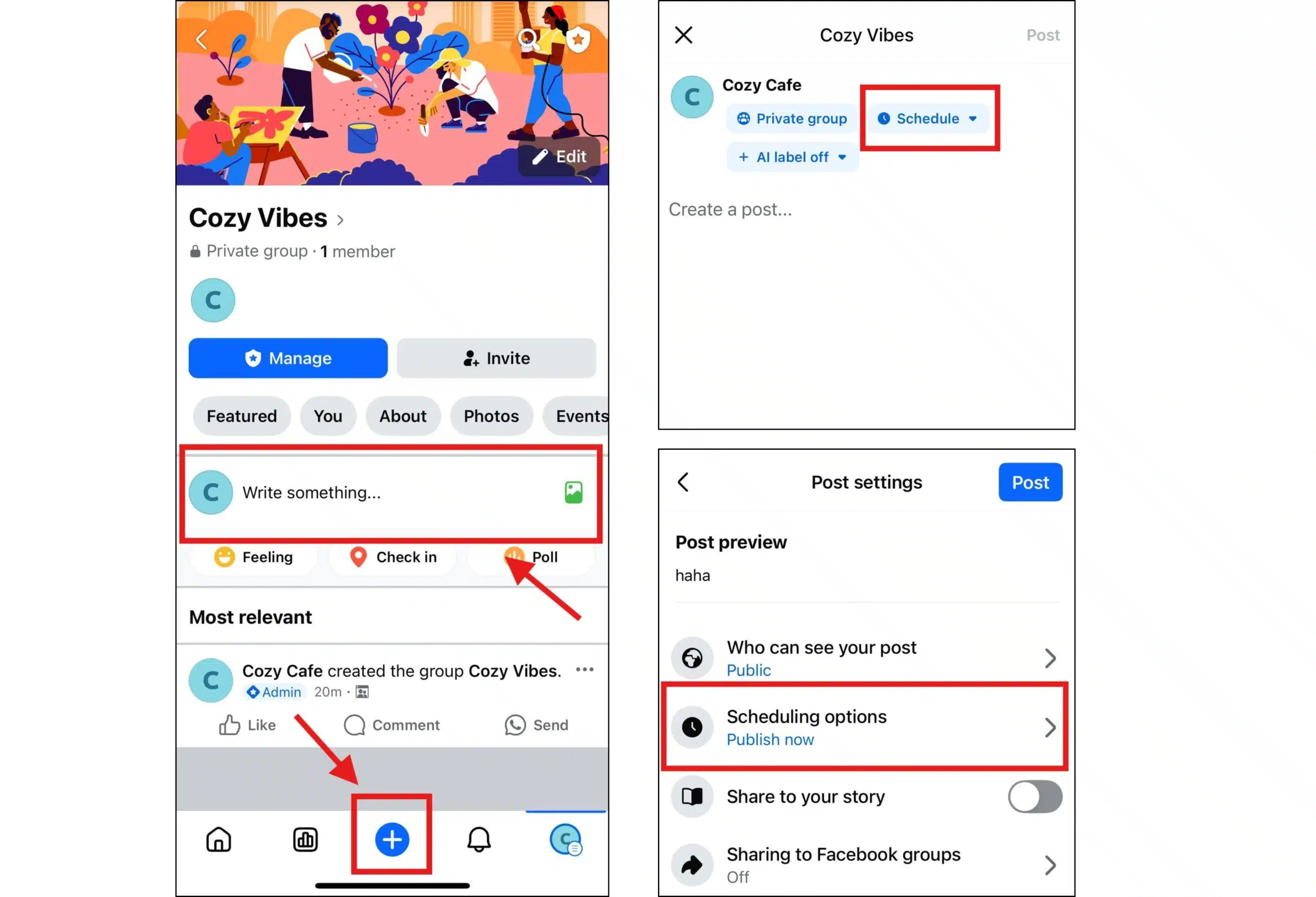 steps to schedule Facebook Group posts from the mobile app
