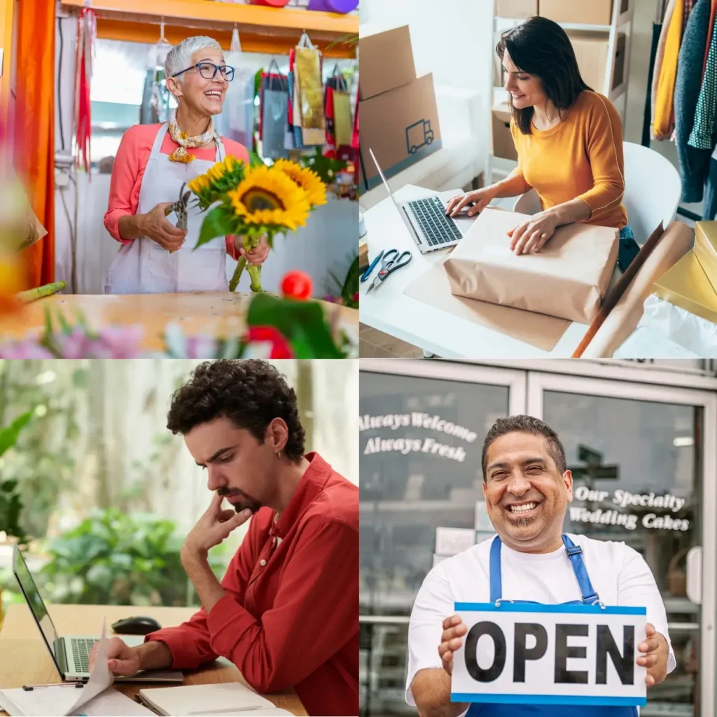 A collage of four images depicting different small business owners. The top left image shows a florist holding a bouquet of sunflowers in a flower shop. The top right image shows a woman wrapping a package at a desk with a laptop and cardboard boxes around her. The bottom left image shows a man working on his laptop, appearing to be deep in thought with papers spread out on the table. The bottom right image shows a man wearing an apron holding an "OPEN" sign outside his store.