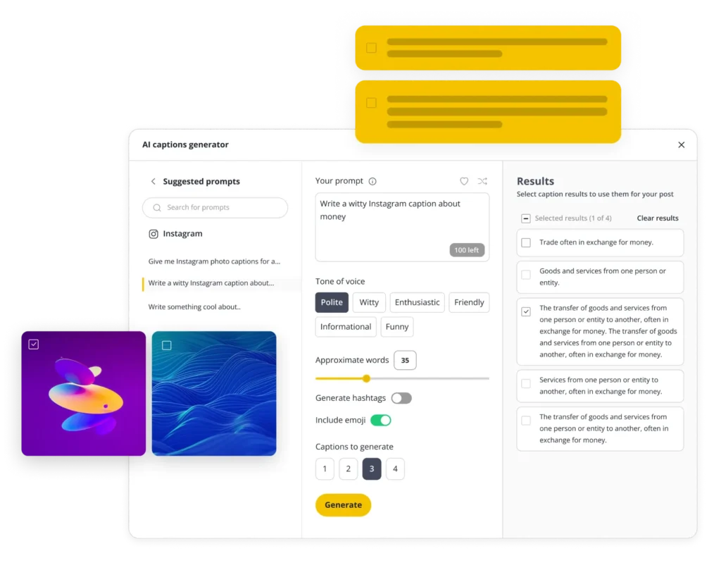 SocialBee's AI generator interface, where you can create captions and images by choosing a ready-made prompt or writing your own, setting the tone, length, and adding emojis or hashtags for social media posts.