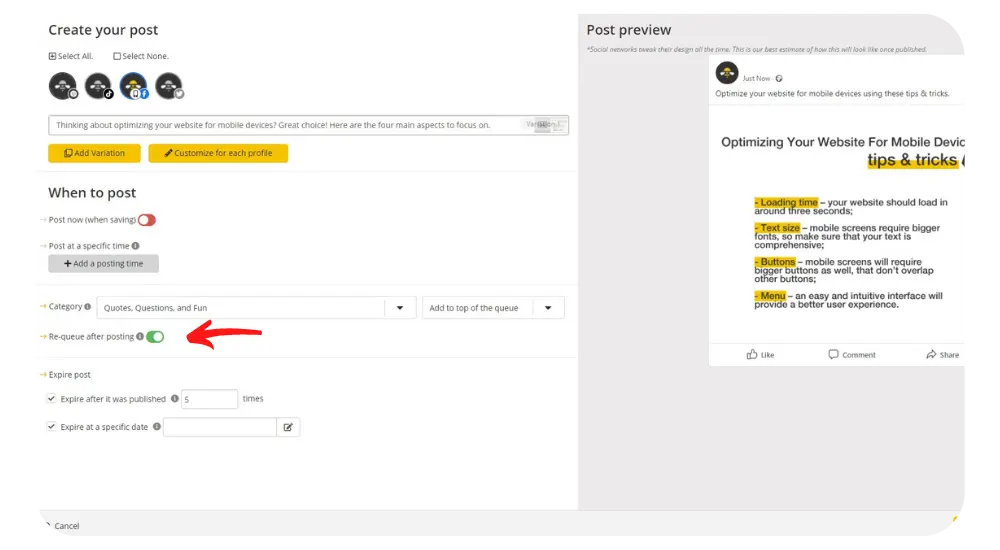 SocialBee re-queue posts