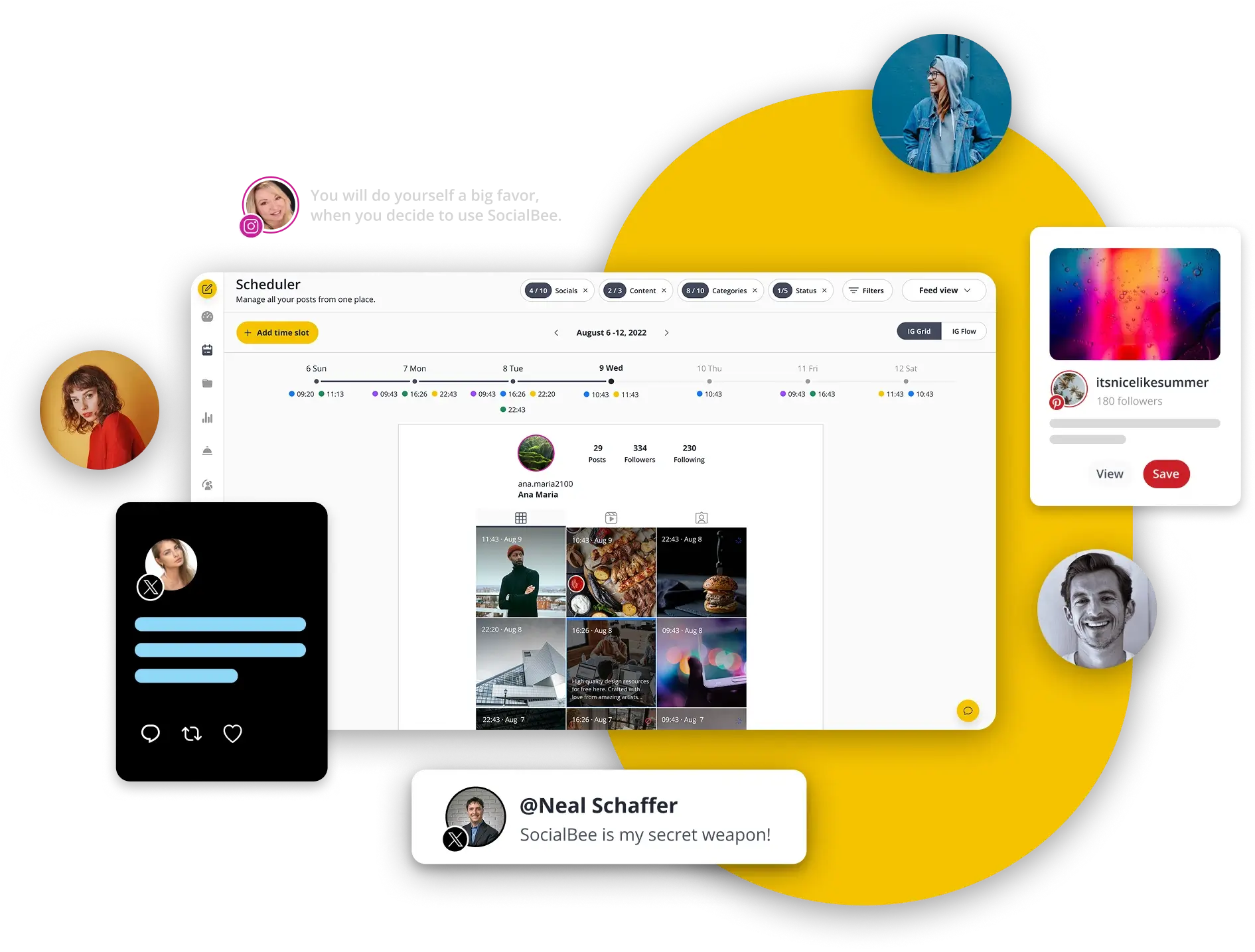 The Instagram feed of a profile, viewed through SocialBee's scheduler, featuring a calendar interface for scheduling social media posts. The feed is surrounded by various user profile pictures and interactions such as posts, comments, and testimonials.