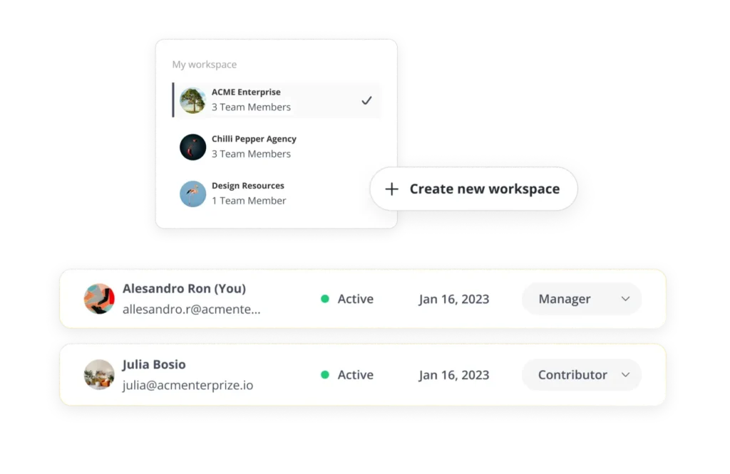 SocialBee's features for creating workspaces for different social media teams and assigning manager and contributor roles to two team members.